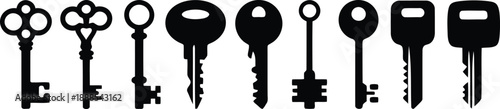 A collection of diverse black key silhouettes including traditional old fashioned and modern car keys