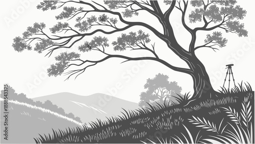 Monochrome Tree Landscape with Surveying Equipment.
