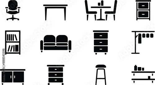 A collection of essential home and office furniture icons displayed as black silhouettes on a white background