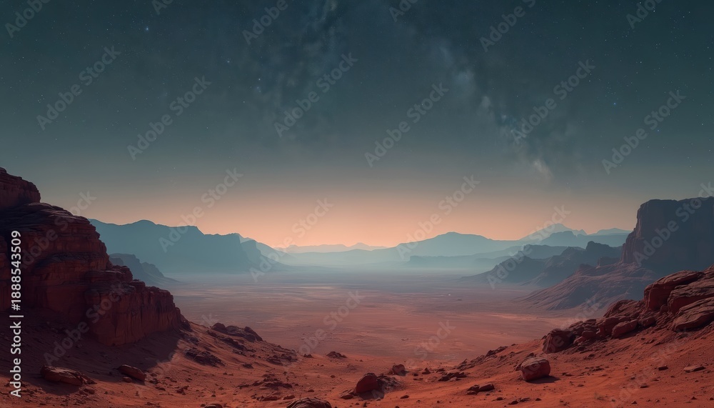 Naklejka premium Vast alien desert landscape under starry sky. Red rock formations, distant misty mountains create desolate, quiet terrain. Arid expanse evokes solitude, otherworldly beauty. Space exploration theme.