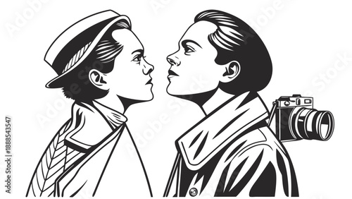 RetroStyle Portrait of Two Individuals with Camera.