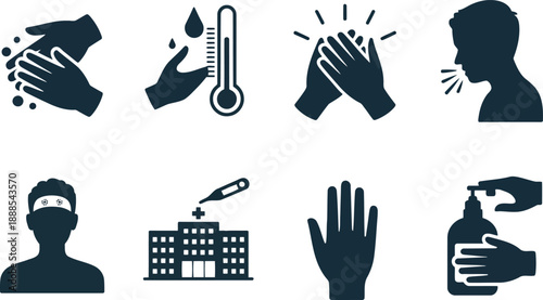 A collection of health and hygiene icons including hand washing, fever, coughing, and medical facility symbols