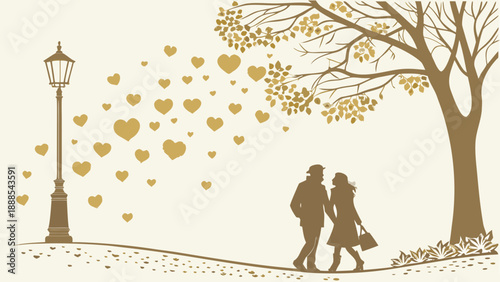 Romantic Autumn Stroll Couple Under HeartFilled Tree.