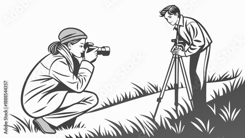 Woman photographer capturing bird in flight with professional camera.