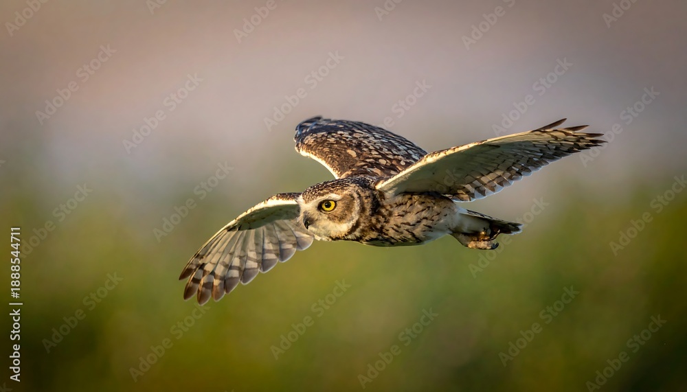 Fototapeta premium An owl with striking eyes soars through the air, wings outstretched