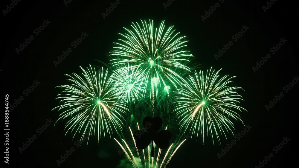 Fototapeta premium Vibrant green fireworks burst illuminating the dark night sky, celebrating joyous moments with a