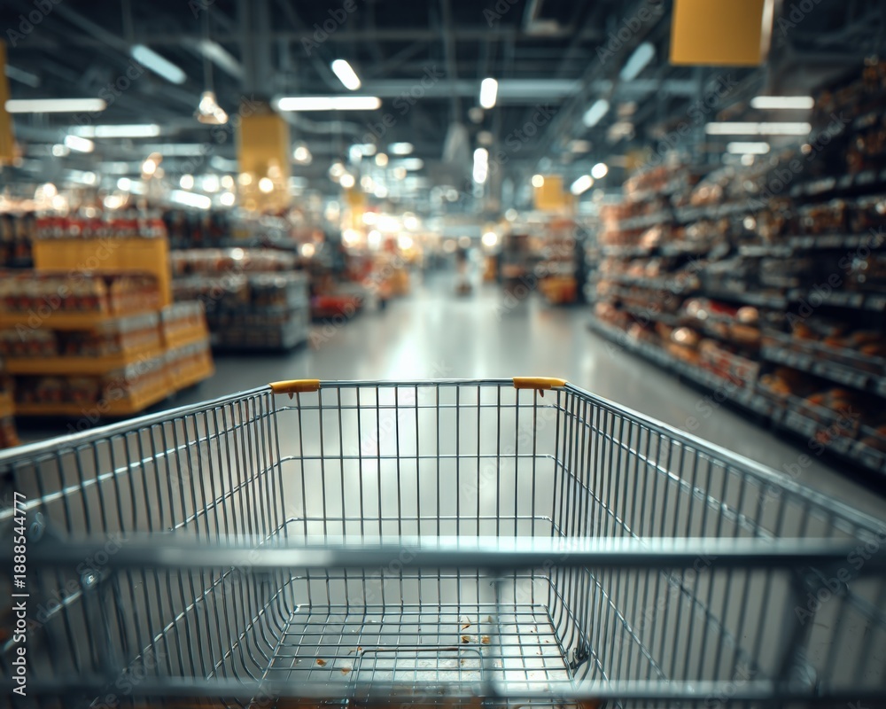 Naklejka premium Empty Shopping Cart in Supermarket Aisle, Offering Consumer Perspective for Retail and Grocery Concepts