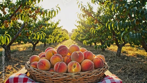 Abundant basket of ripe, sun-kissed peaches gathered in a verdant orchard during a golden summer harvest.