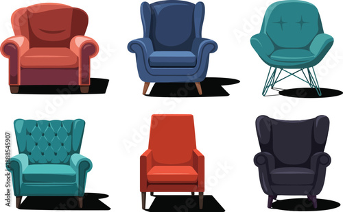 A collection of six distinct armchairs in various colors and styles presented on a white surface