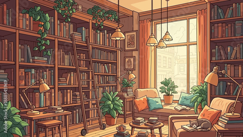 Cozy library interior with books, plants, and natural light
