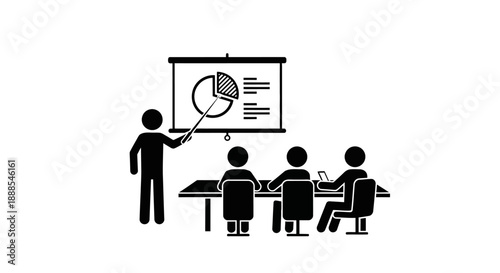 Business meeting presentation with pie chart and attendees.