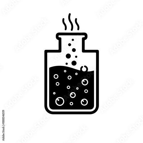 A minimalist black and white icon depicting a dynamic chemical reaction inside a laboratory flask with rising bubbles and foam