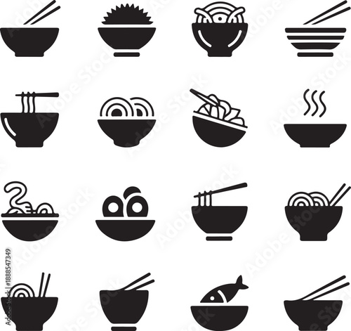 black and white icons of bowls with noodles and chopsticks