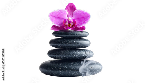 Serene black stones stacked with pink orchid, evoking tranquility and balance in a minimalist composition J 1446
