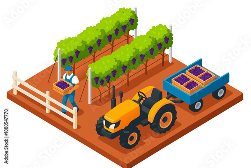 A 3D illustration of a farmer working in a modern farm with a tractor