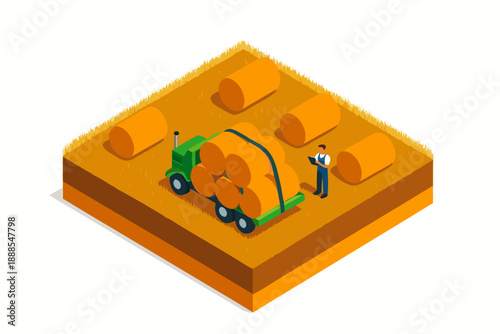 A 3D illustration of a farmer harvesting hay with a tractor