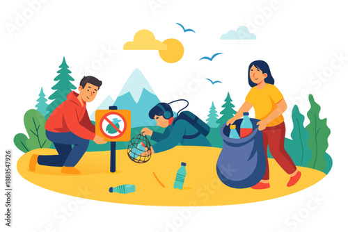 A group of people cleaning up trash in a beautiful outdoor environment