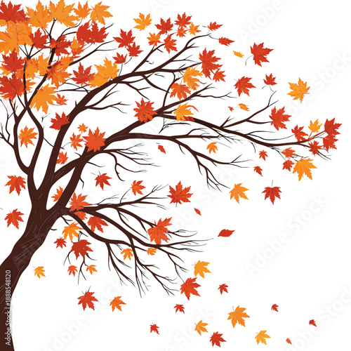 Autumn Tree with Falling Leaves Illustration in Orange and Red.