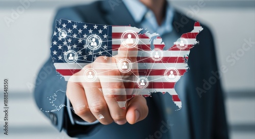 US Networking Concept: Man Touches United States Map with Social Network Connections, Representing National Connectivity