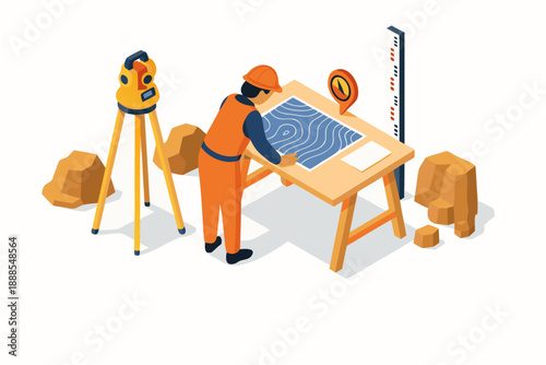 An engineer in orange attire working on a blueprint at a desk