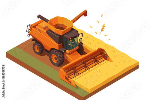An orange combine harvester in action on a field of golden wheat