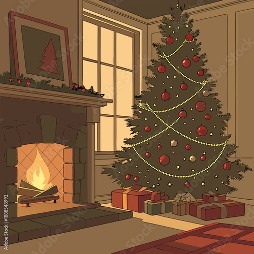 Cozy Christmas Eve Scene with Fireplace and Decorated Tree.