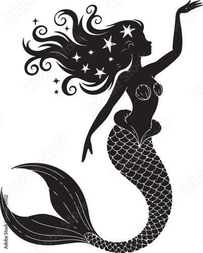 black silhouette of a mermaid with stars in her hair