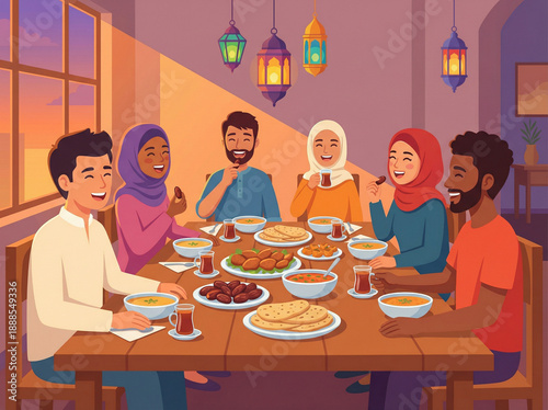 Flat vector illustration of a diverse group of Muslim friends having Iftar dinner breaking the fast together at a table during Ramadan.