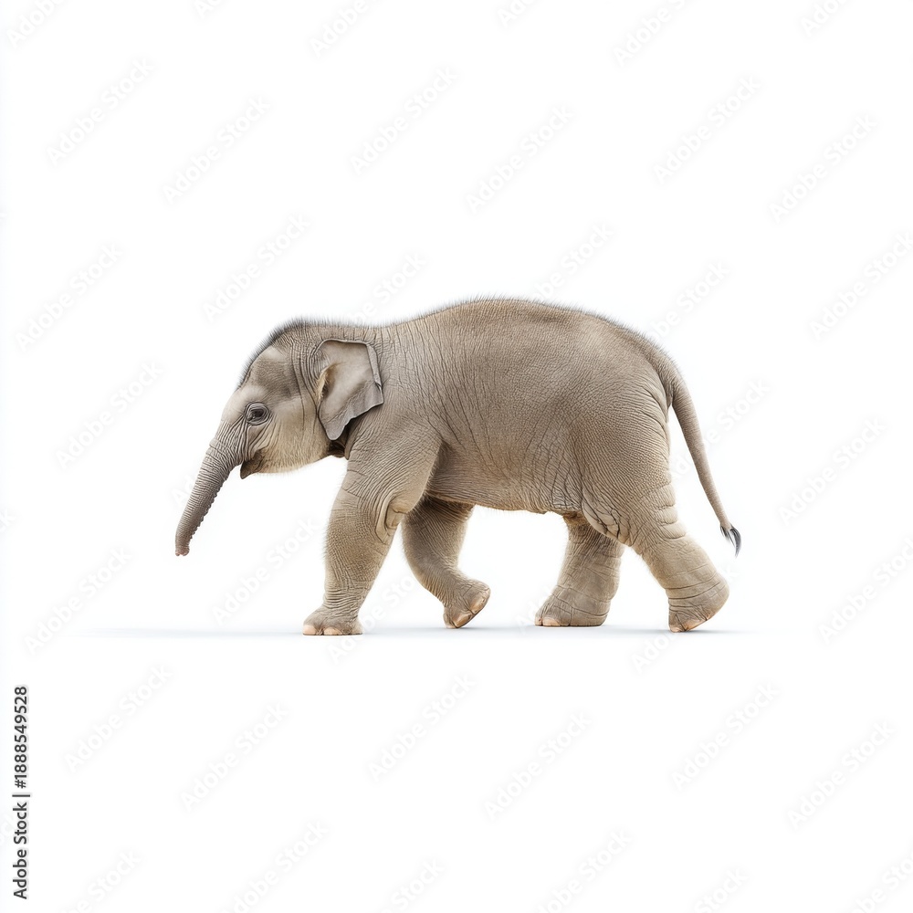 Fototapeta premium Adorable Young Elephant Walking Elegantly on a Bright White Background Capturing the Spirit of Wildlife and Nature Conservation