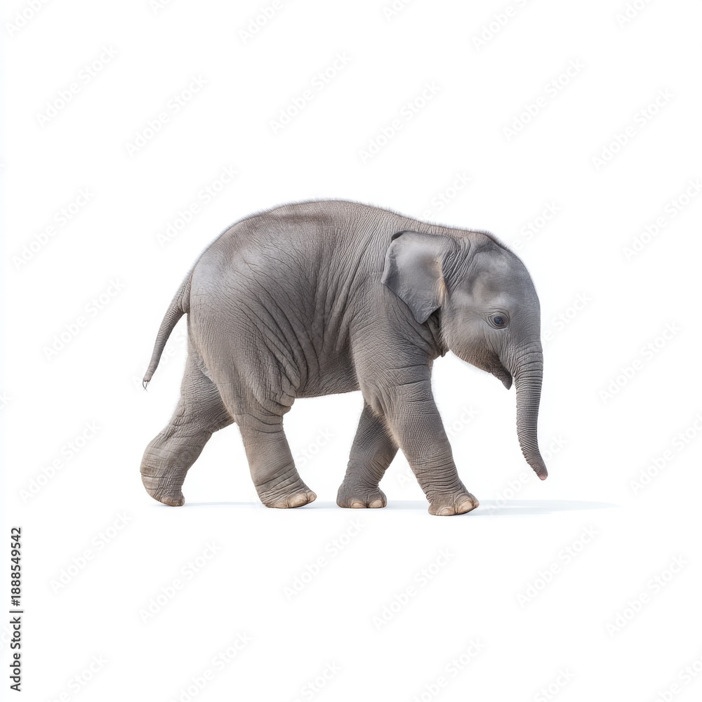 Fototapeta premium Baby elephant walking gracefully on a white background showcasing its adorable features and playful nature in a serene pose