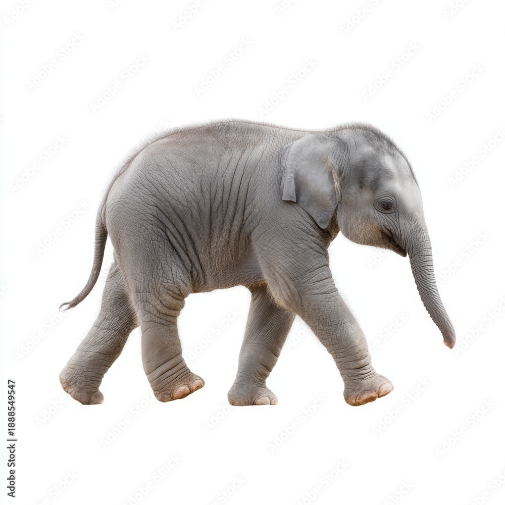 Fototapeta premium Adorable young elephant walking gracefully across a bright white background, showcasing its playful spirit and gentle features