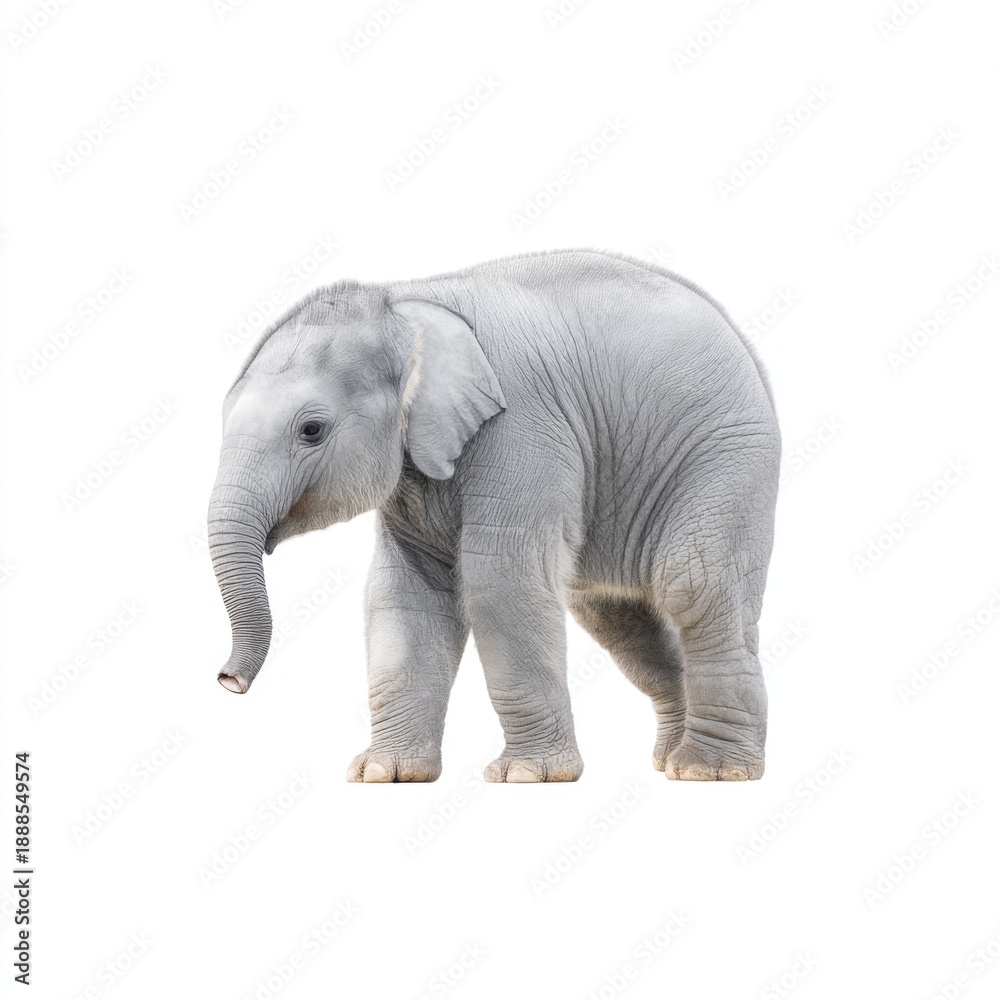 Fototapeta premium Young Elephant on White Background, Captured in Natural Habitat, Symbol of Strength, Wisdom, and Endurance in Wildlife Photography