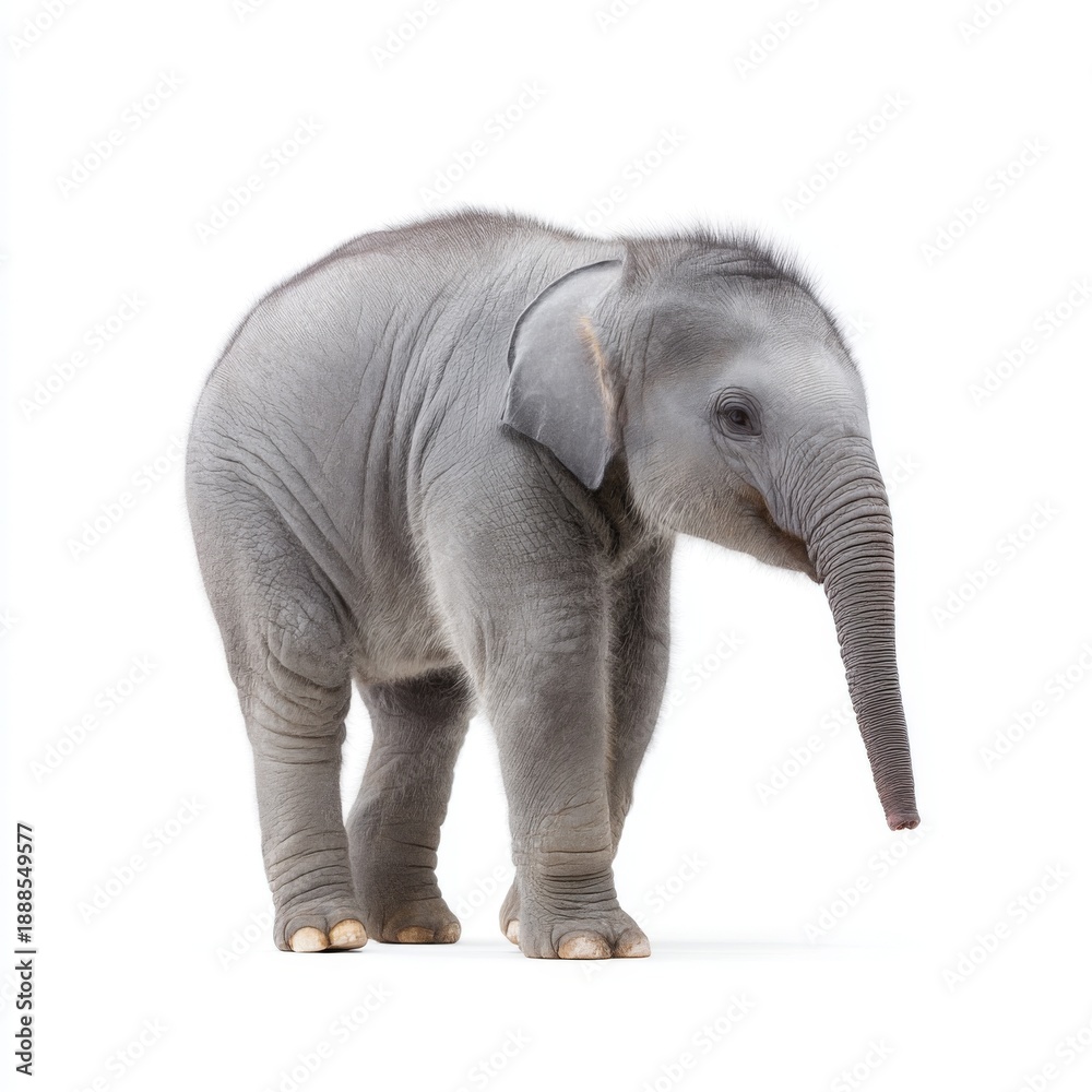 Fototapeta premium Adorable Baby Elephant Standing on White Background with Gentle Expression and Soft Features Capturing the Wonder of Wildlife