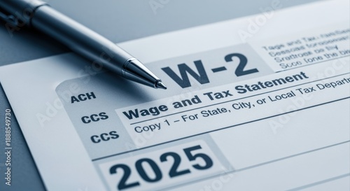 Wage and Tax Statement Form W-2 with Pen, Representing Financial Planning and Tax Preparation for the Year 2025