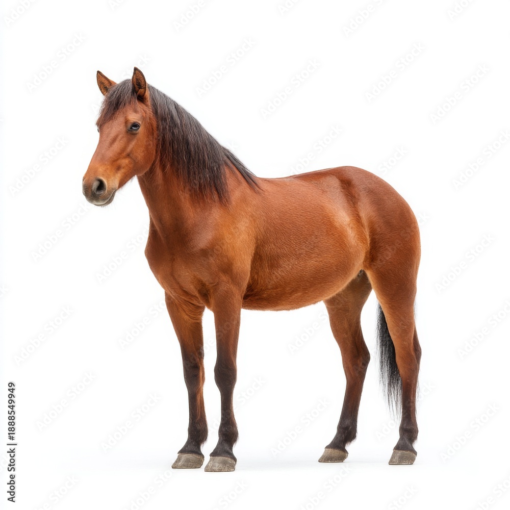 Obraz premium Brown Horse Standing Proudly in Studio with White Background Showcasing Beautiful Mane and Strong Build Ideal for Animal Photography