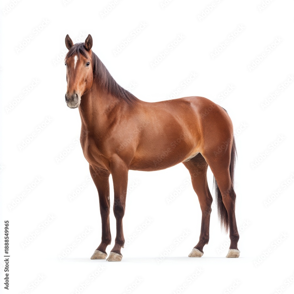 Obraz premium Beautiful chestnut horse standing gracefully against a white background showcasing strength, elegance, and equine beauty