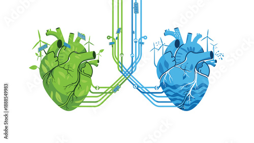 Two connected hearts with wind turbines and energy lines, Generative AI.