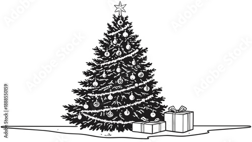 Festive Christmas Tree with Ornaments and Gifts Illustration.
