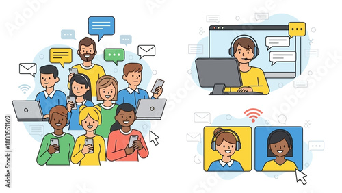 online communication, customer support, video call, and teamwork concept