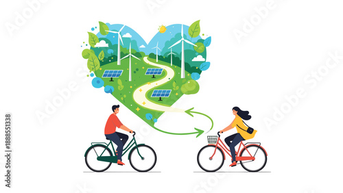 Couple cycling with a heartshaped landscape of green energy, Generative AI.