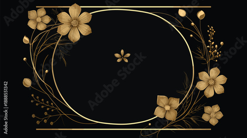 Luxury Gold Floral Frame with Logo Space on Black Background, Elegant Branding Template Design