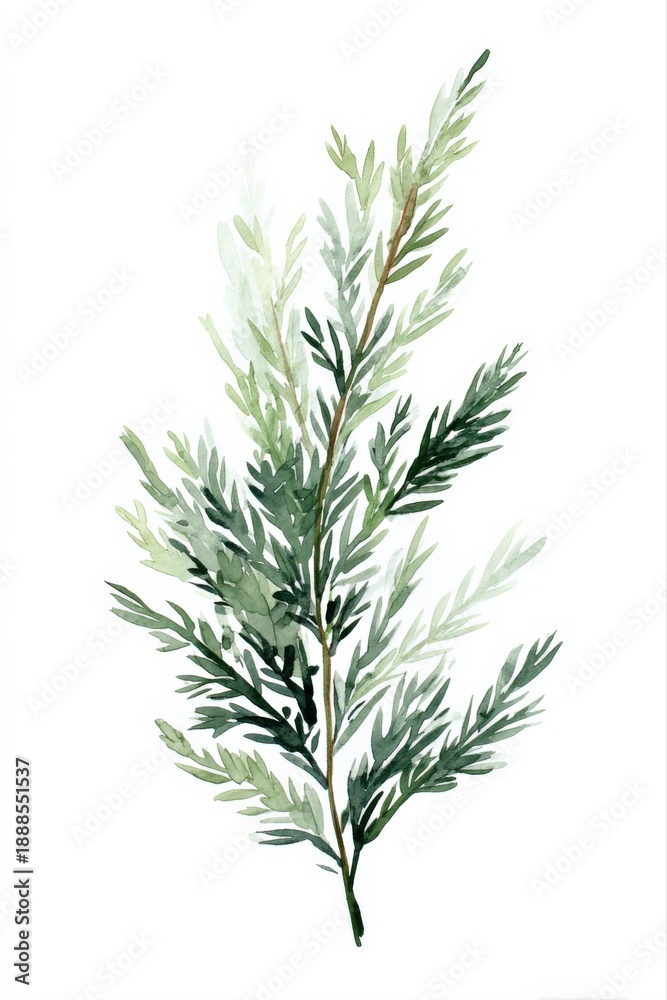 Fototapeta premium Watercolor Illustration of Green Botanical Branch with Leaves on White Background for Decoration and Design