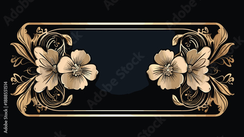 Elegant Gold Floral Frame on Black Background, Luxury Wedding Invitation Banner Design
