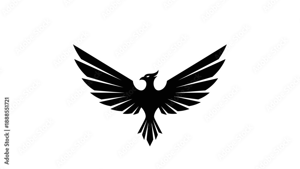 Obraz premium Black silhouette of a bird in flight against a white background.