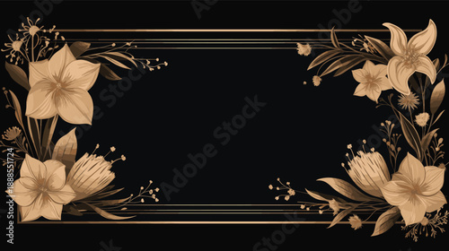 Elegant Gold Floral Frame on Black Background, Luxury Wedding Invitation Banner Design