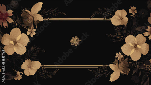Elegant Gold Floral Frame on Black Background, Luxury Wedding Invitation Banner Design