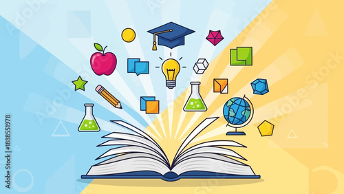 education concept, open book with learning icons
