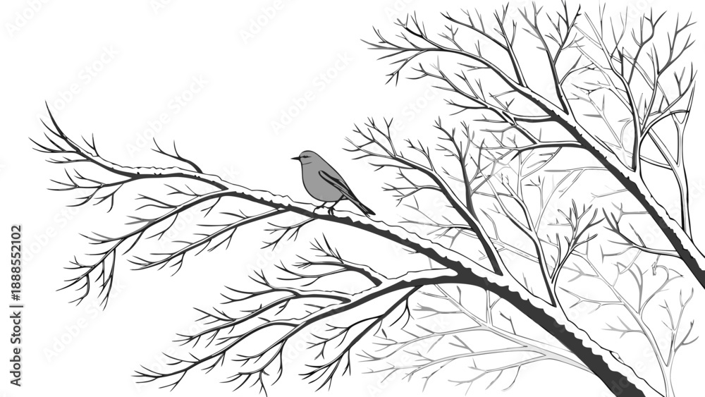 Fototapeta premium Winter Bird on Snowy Branch A Serene Monochrome Scene.