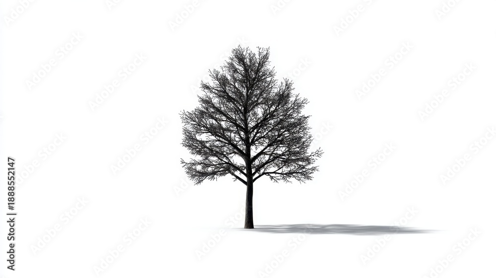 Fototapeta premium Bare Tree on White Background with Long Shadow, Nature Element in Minimalist Style for Artistic and Design Projects