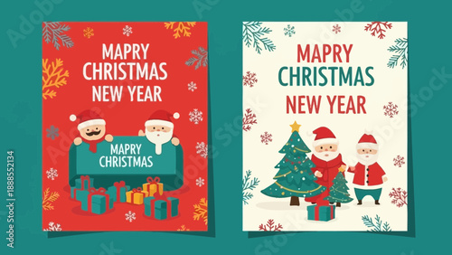 christmas greeting cards with santa claus and gifts